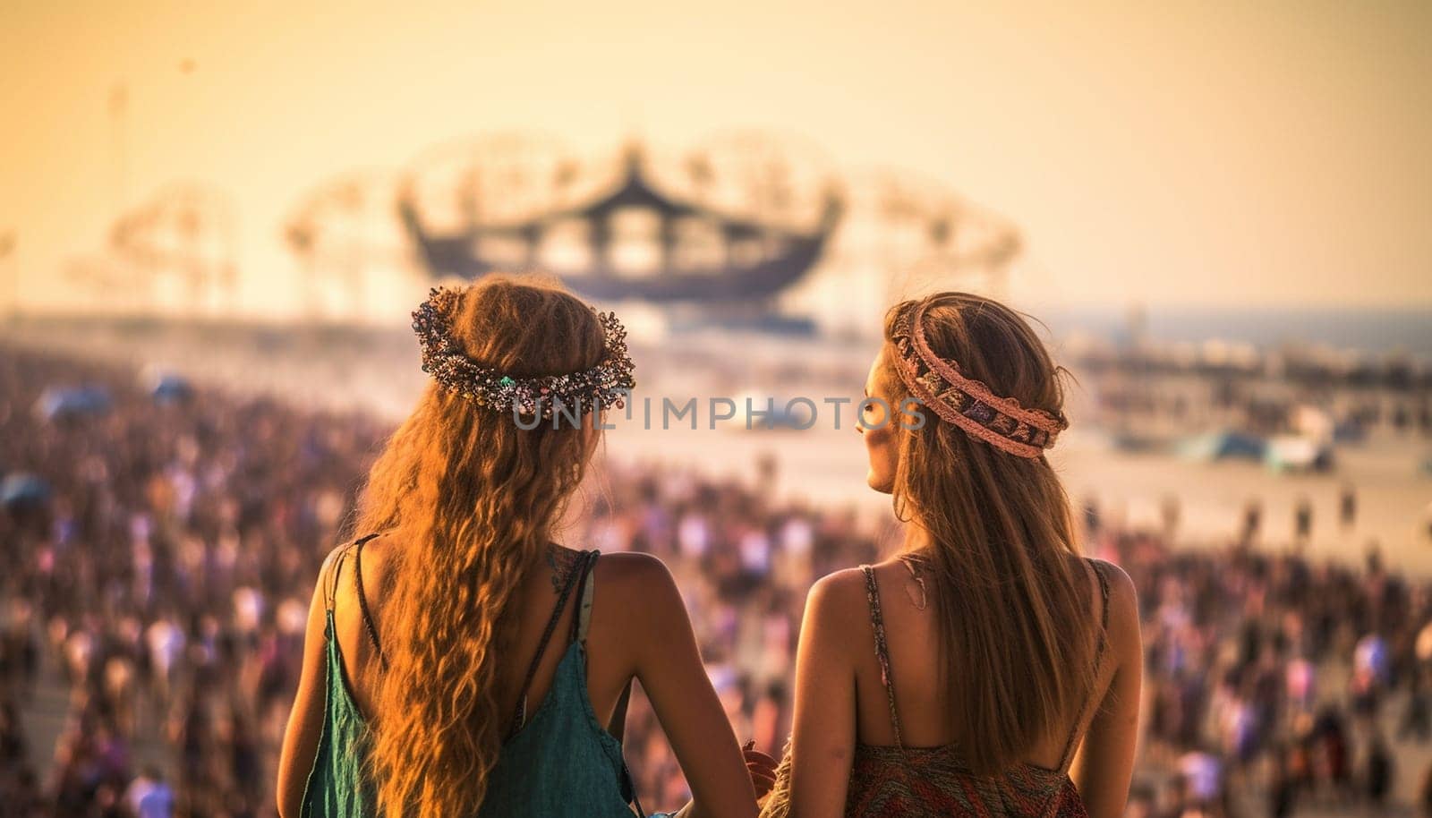 Two female friends dancing and having fun at music festival in the summer. Summer Holiday vacation concept. Happy young woman having fun sunlight bohemian style by Annebel146