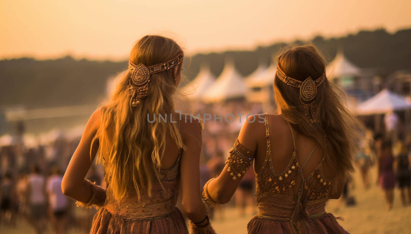 Two female friends dancing and having fun at music festival in the summer. Summer Holiday vacation concept. Happy young woman having fun sunlight bohemian style girls