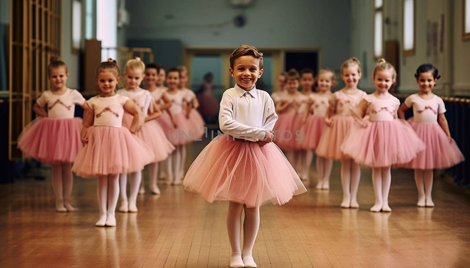 Boy wearing pink tutu skirt and having fun at ballet class with girls on the background. ballet class performance in a studio dancing and learning. by Annebel146