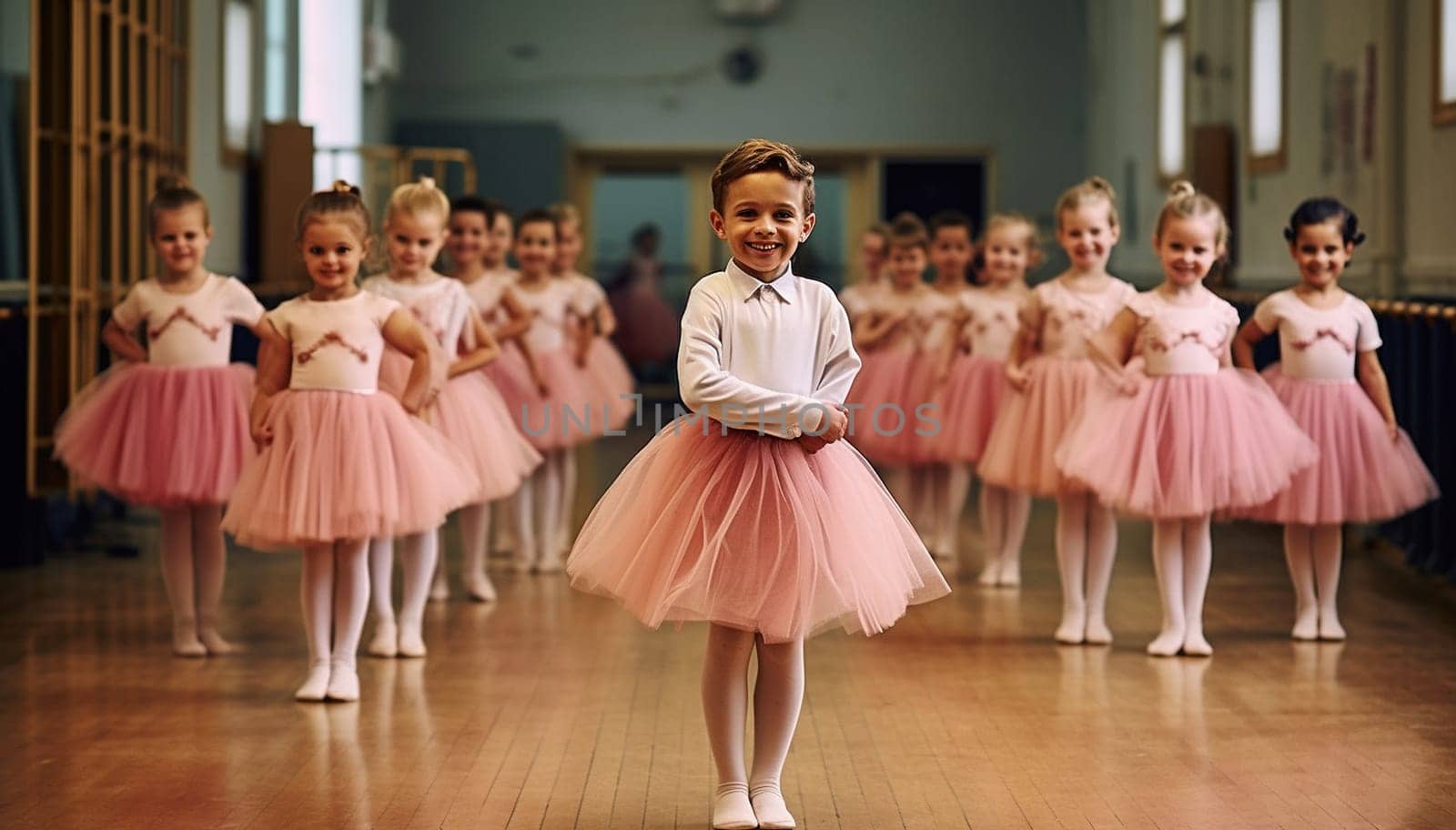 Boy wearing pink tutu skirt and having fun at ballet class with girls on the background. ballet class performance in a studio dancing and learning cute