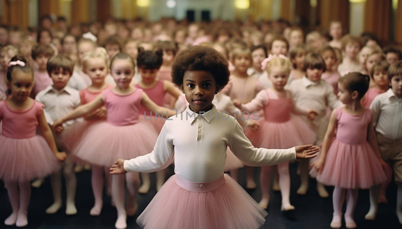 Boy wearing pink tutu skirt and having fun at ballet class with girls on the background. ballet class performance in a studio dancing and learning cute