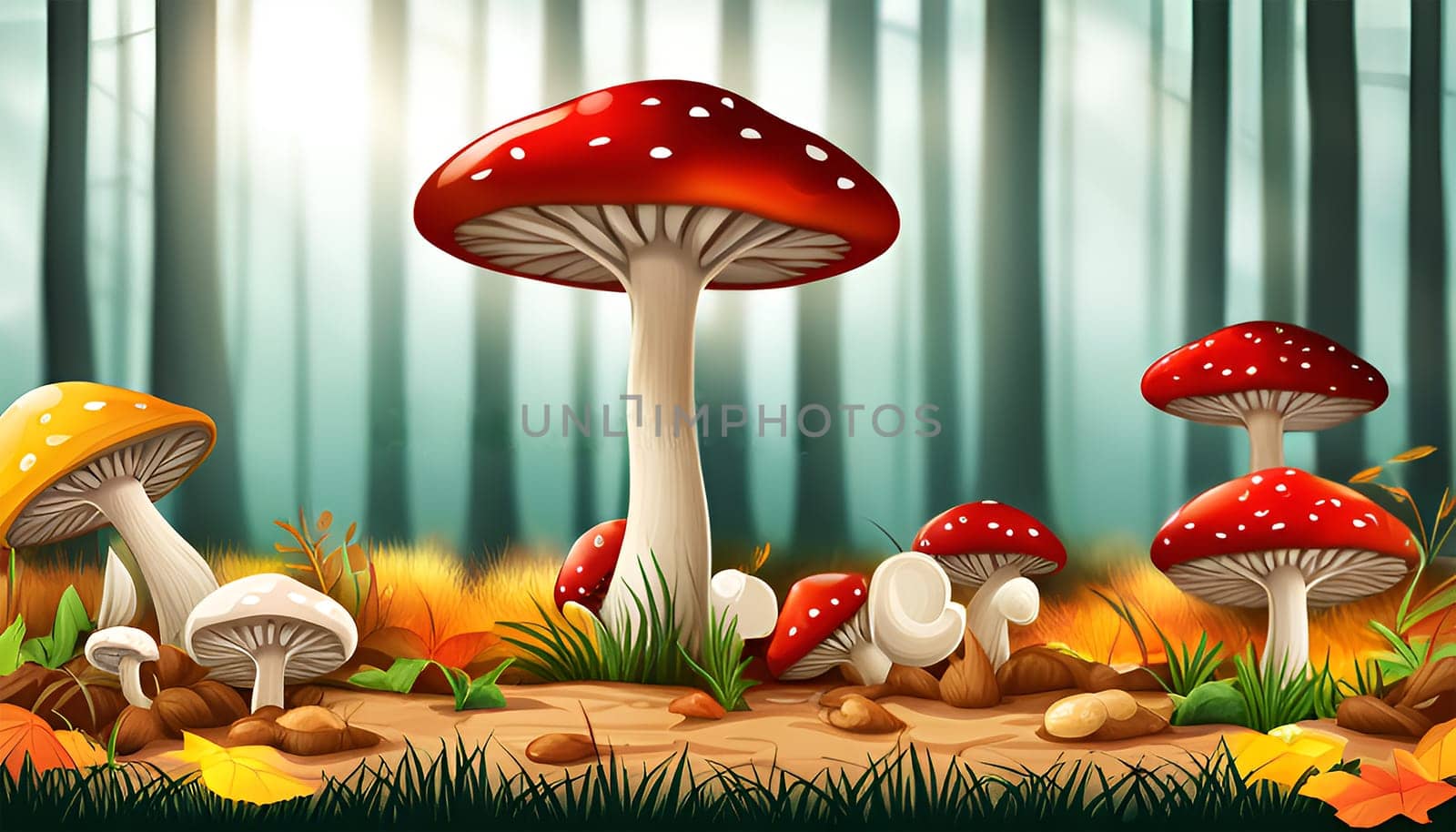 Red mushrooms in the forest - Generative AI by Elenaphotos21