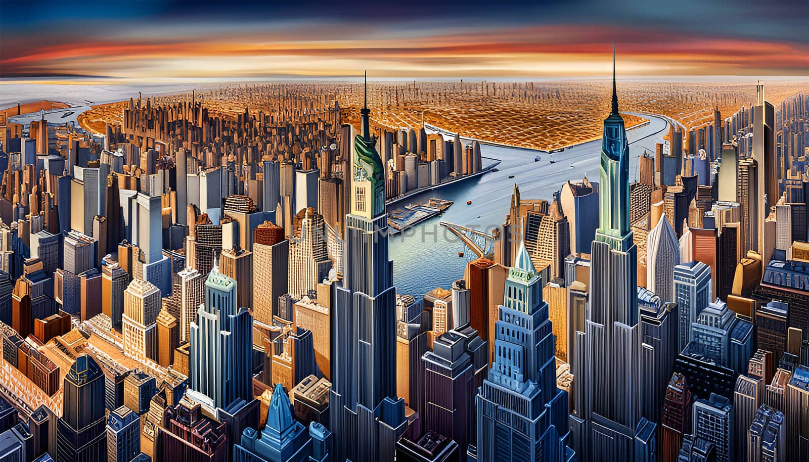 Aerial view of New York city by sunset , Manhattan, United States - Generative AI