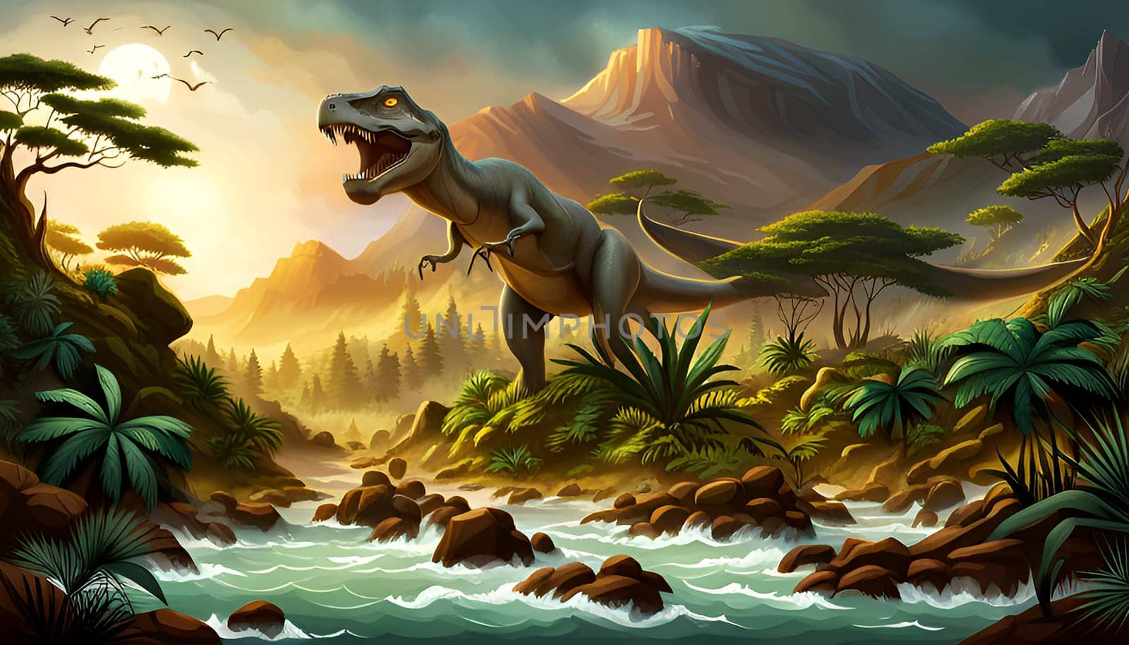 Tyrannosaurus rex dinosaur roaring in the nature near a river by sunset - Generative AI