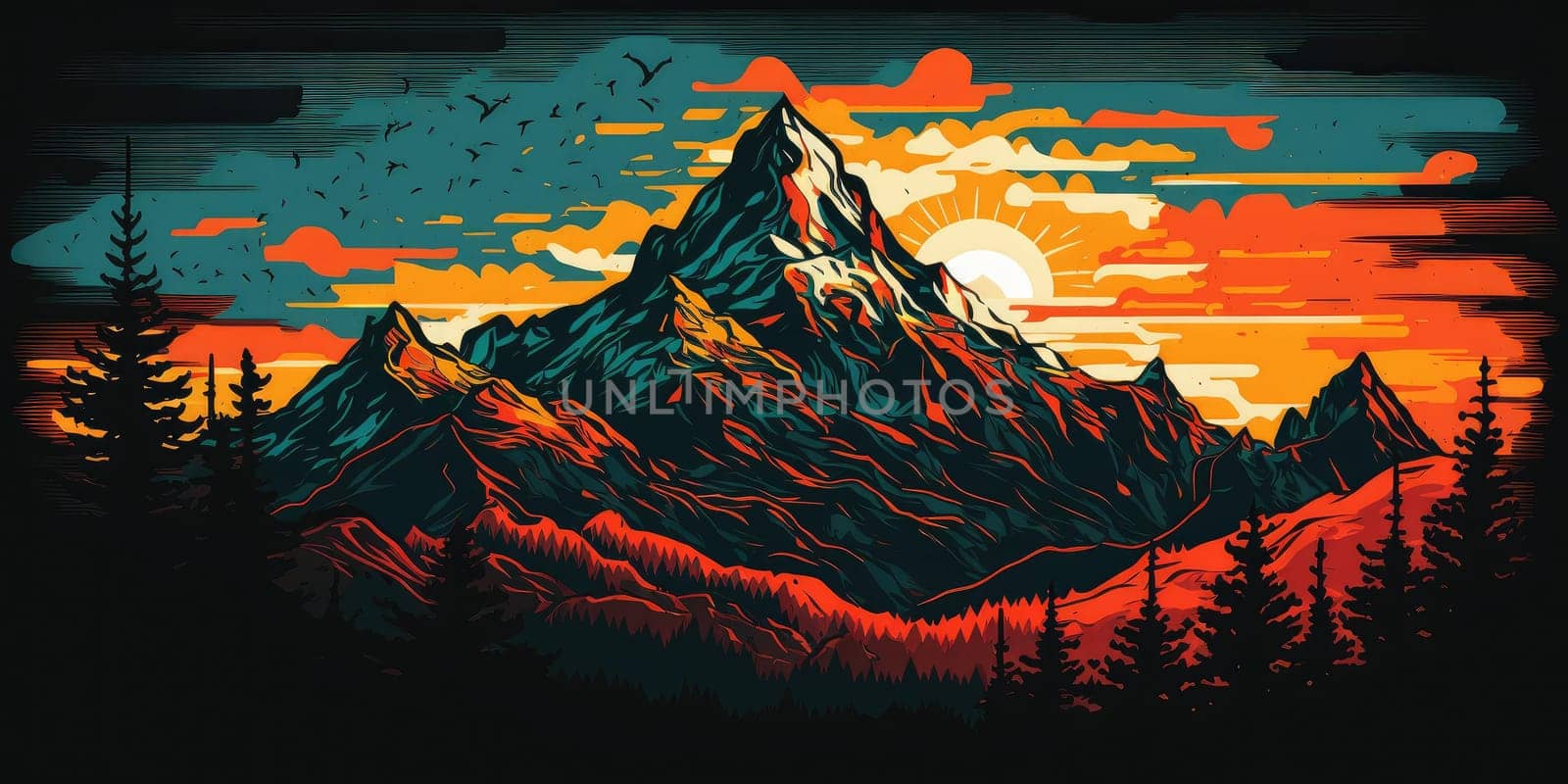 Sunrise over mountains landscape beautiful retro artistic style by biancoblue