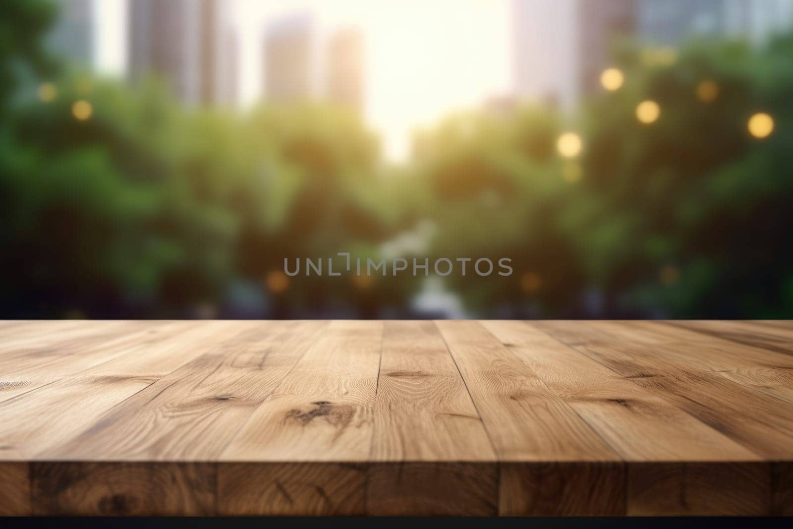 The empty wooden table top with blur background of empty room . Exuberant. by biancoblue