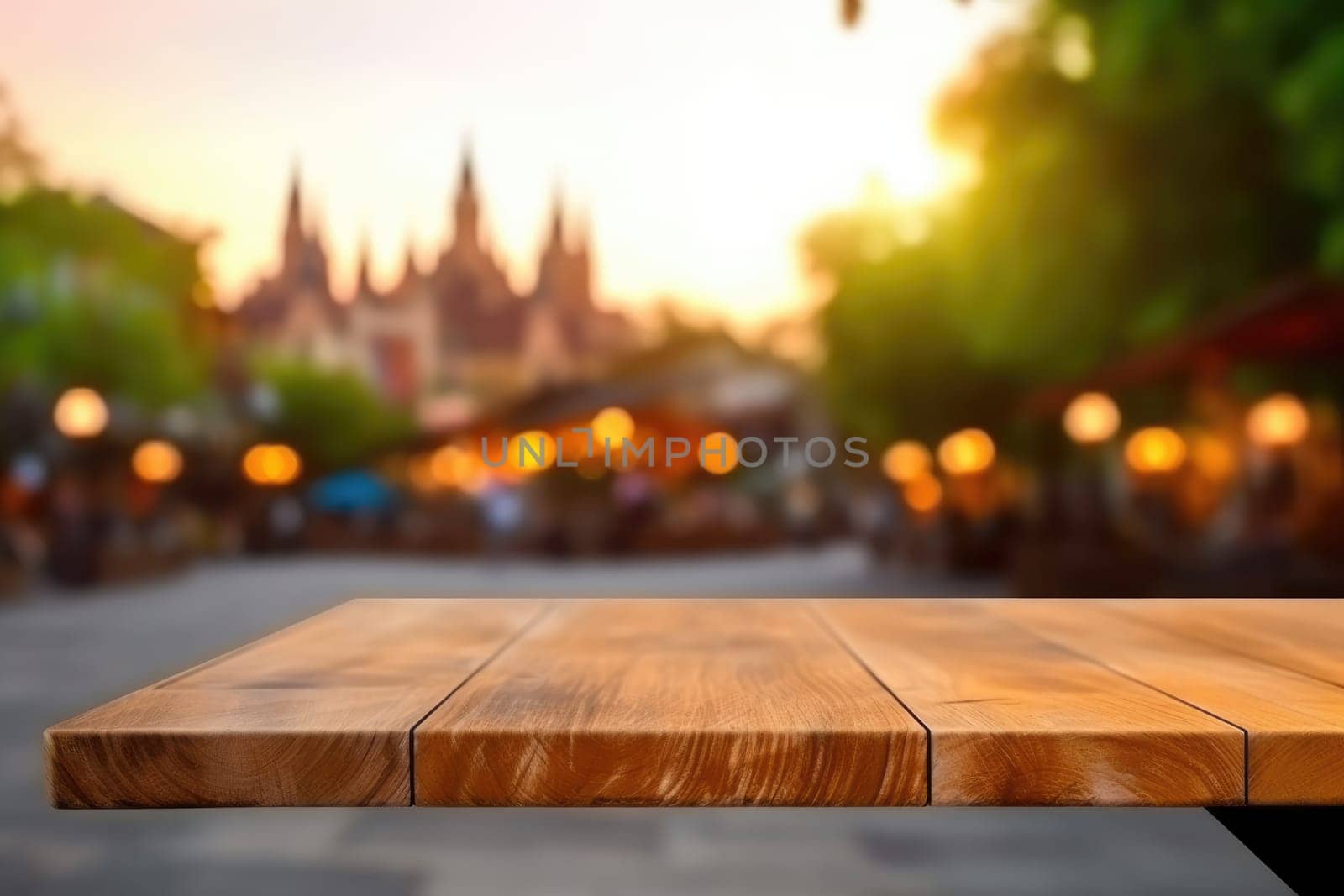 The empty wooden table top with blur background of town square. Exuberant. by biancoblue