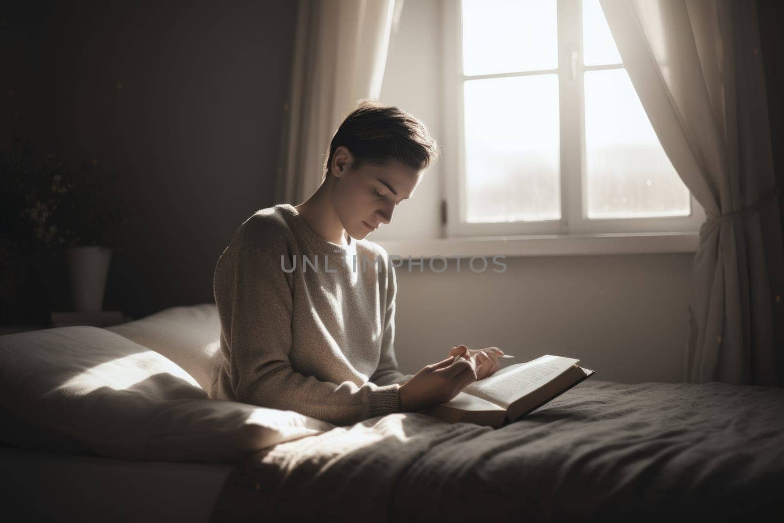 Male Caucasian teenager reading books in bedroom casual relaxing. Generative AI AIG23. by biancoblue