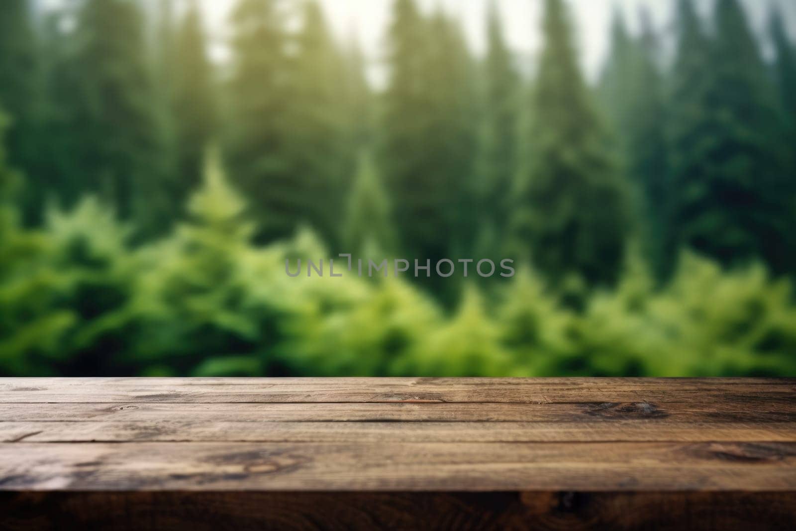 The empty wooden table top with blur background of boreal forest. Exuberant. by biancoblue