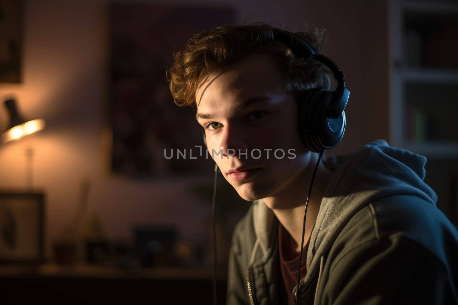 Male Caucasian teenager listening to music headphones bedroom. Generative AI AIG23. by biancoblue