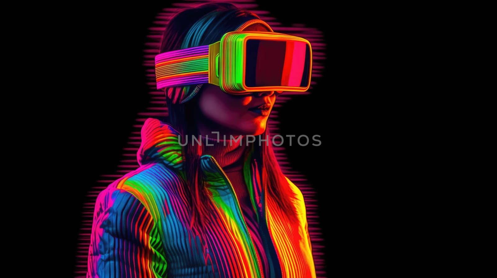 Young female model wearing VR posing with trendy fashion outfit and colorful vibrant glowing lime green optical art abstract background. Picturesque generative AI