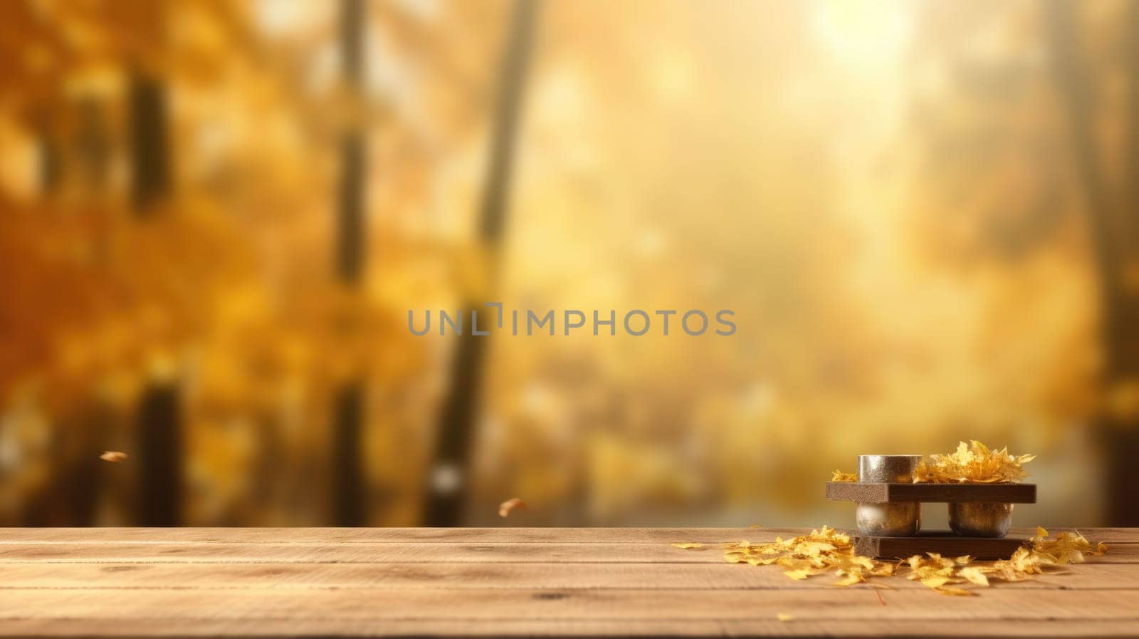 The empty rustic wooden table for product display with blur background of autumn forest. Generative AI AIG30. by biancoblue