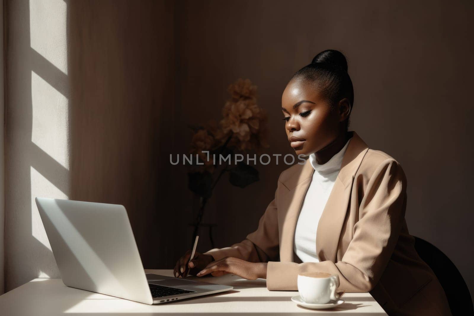 Female African young adult working from home home office business. Generative AI AIG23. by biancoblue