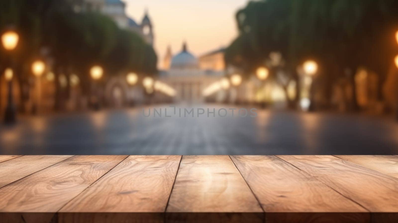 The empty wooden table top with blur background of Rome street. Exuberant. by biancoblue