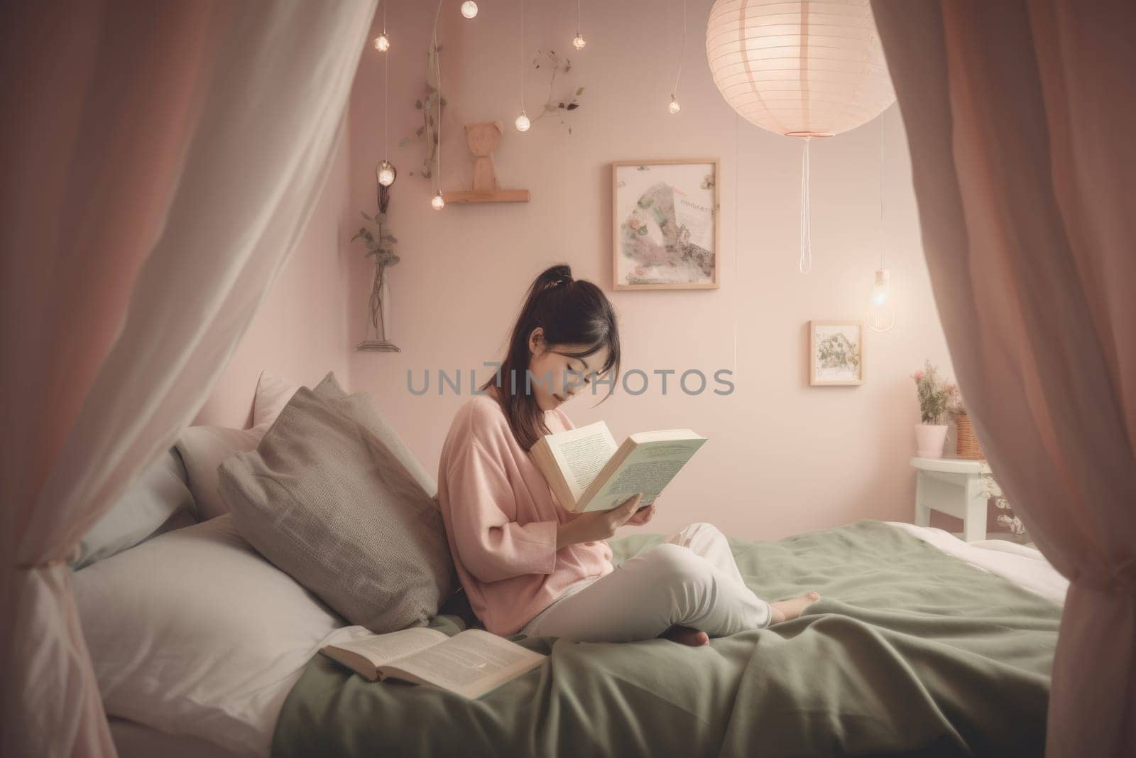 Female Asian teenager reading books in bedroom casual relaxing pastel. Generative AI AIG23. by biancoblue