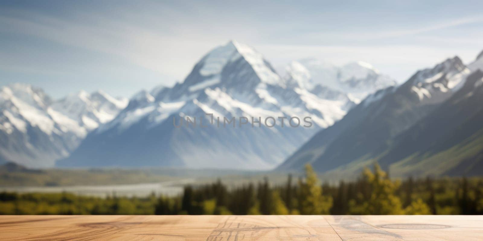 The empty wooden brown table top with blur background of Mount Cook landscape. Generative AI AIG30. by biancoblue