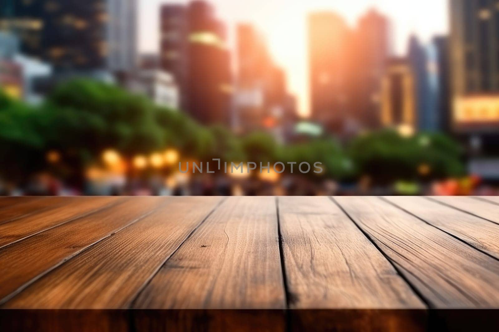 The empty wooden table top with blur background of street in downtown business district with people walking. Exuberant image.