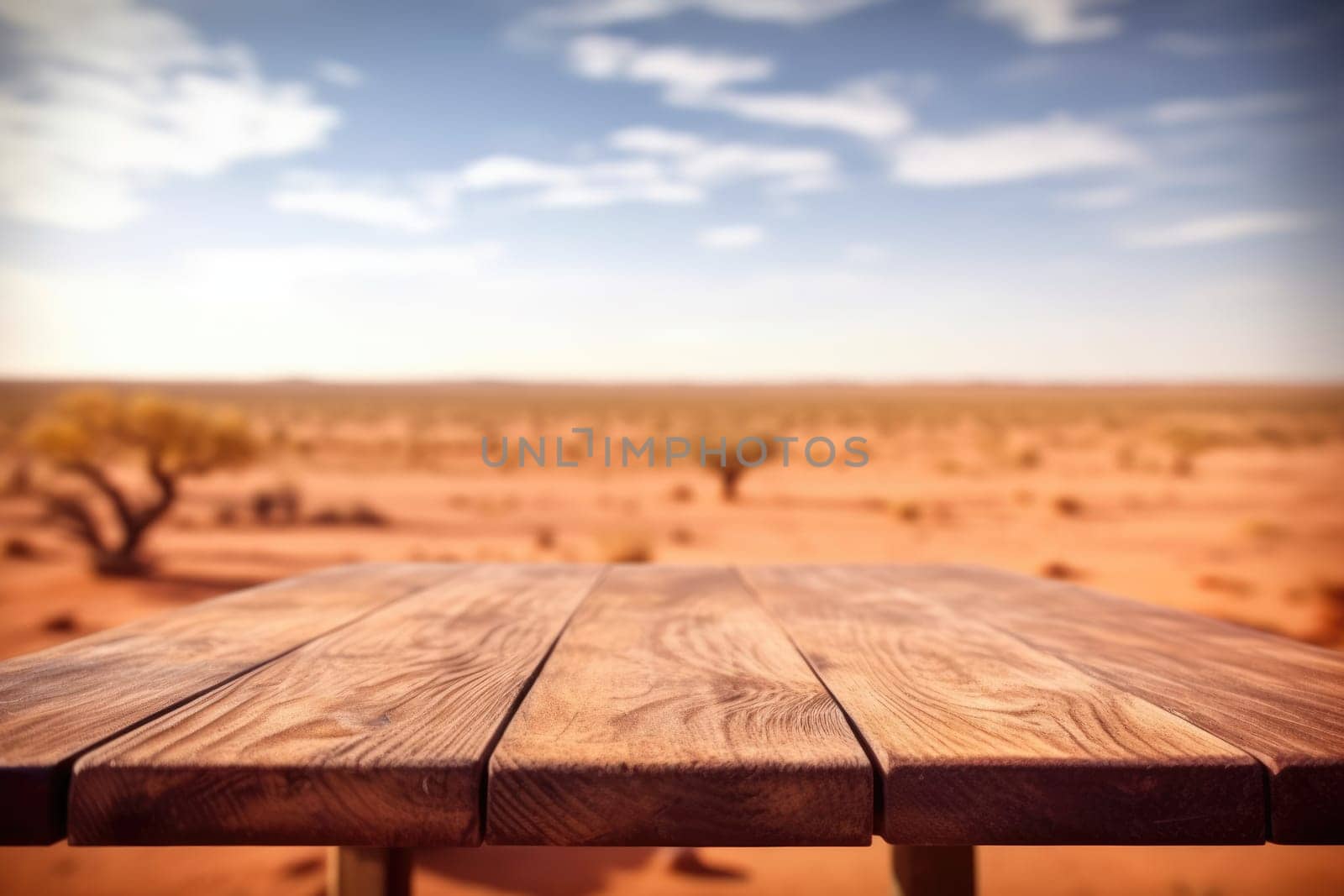 The empty wooden table top with blur background of Australian outback. Exuberant image.