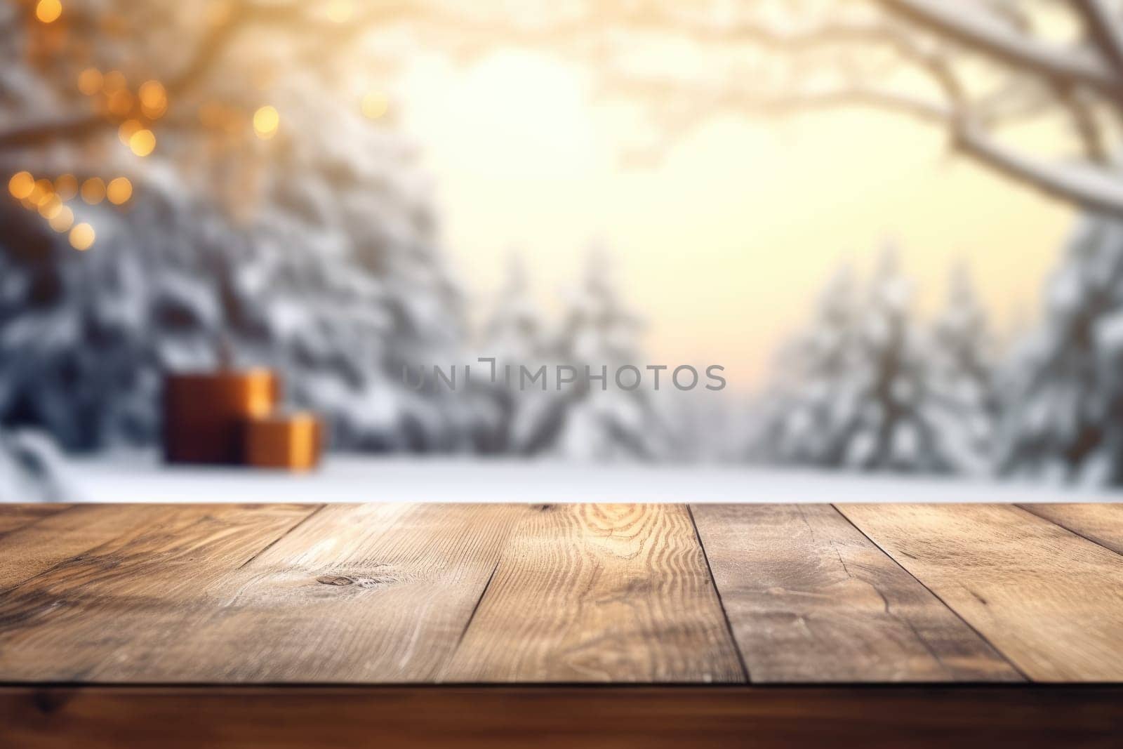 The empty wooden brown table top with blur background of home room in winter. Exuberant image.