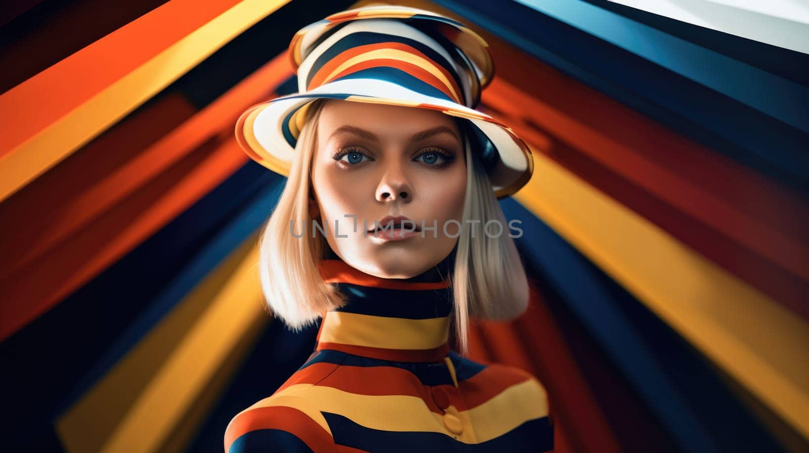 Young female model posing with trendy fashion outfit and colorful optical art abstract background. Picturesque generative AI