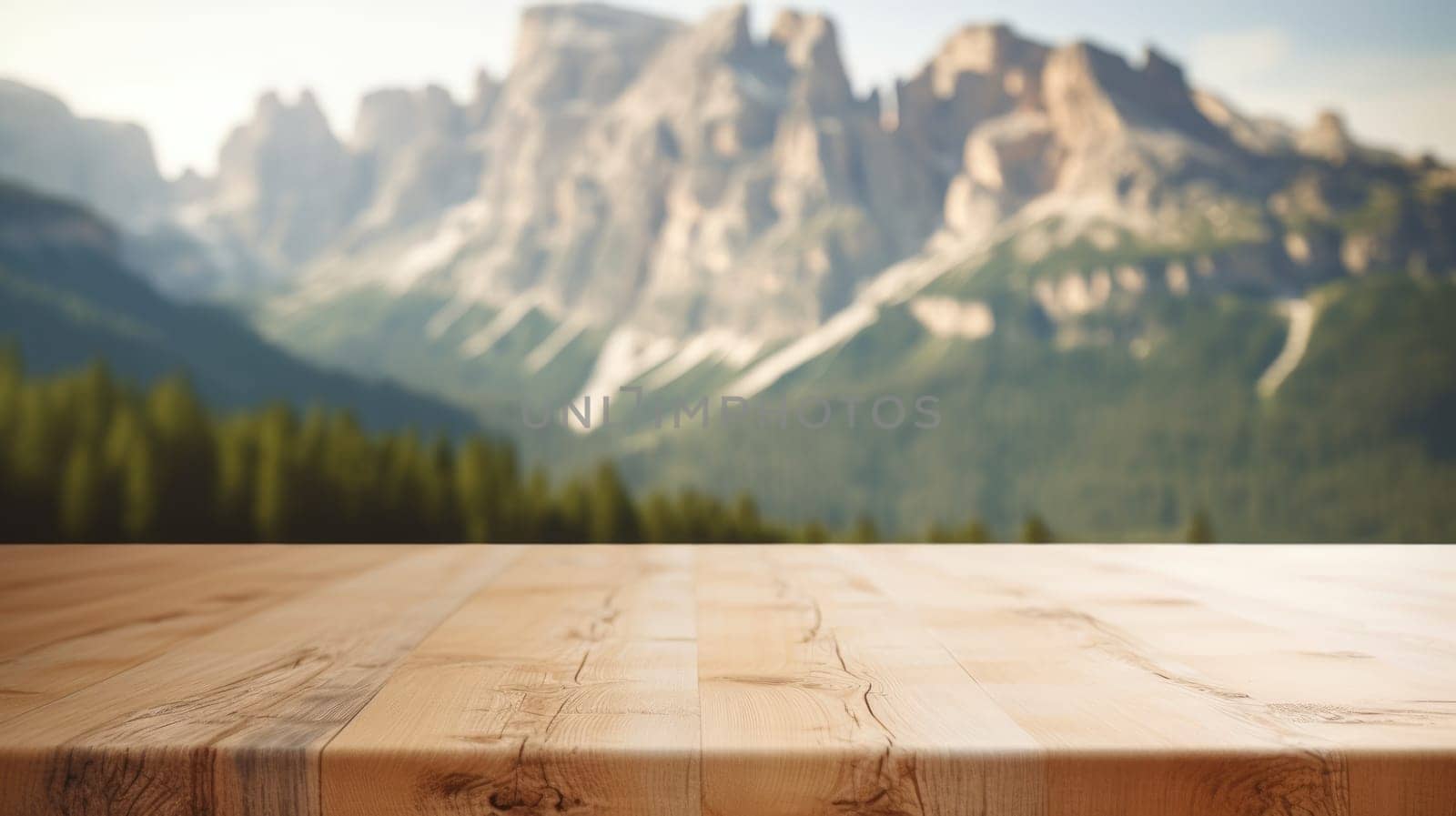 The empty wooden brown table top with blur background of dolomite mountain. Exuberant. by biancoblue