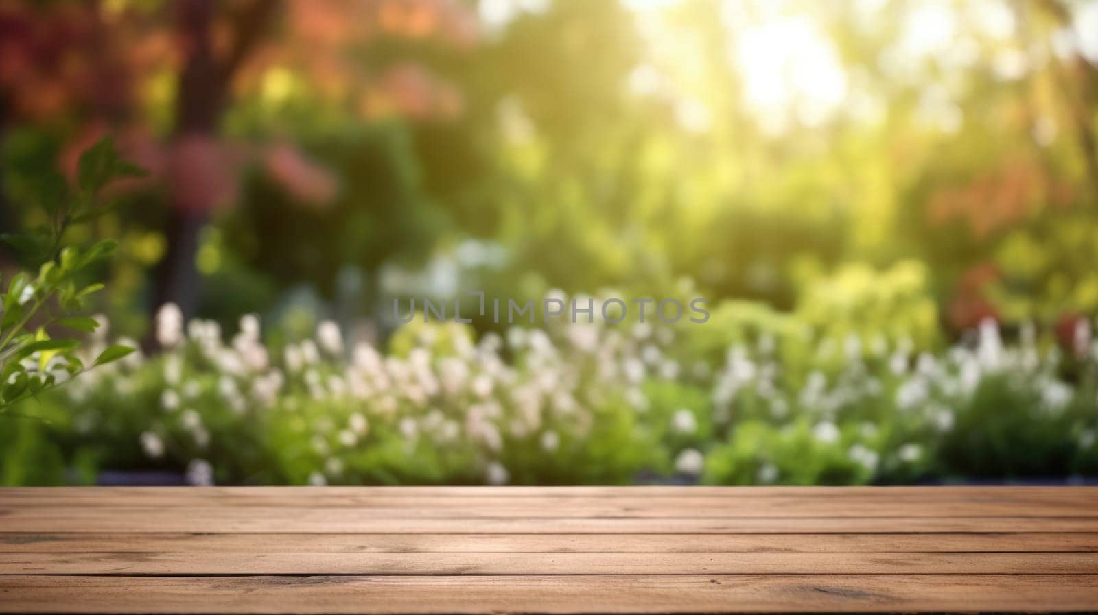 The empty wooden table top with blur background of garden. Exuberant. by biancoblue