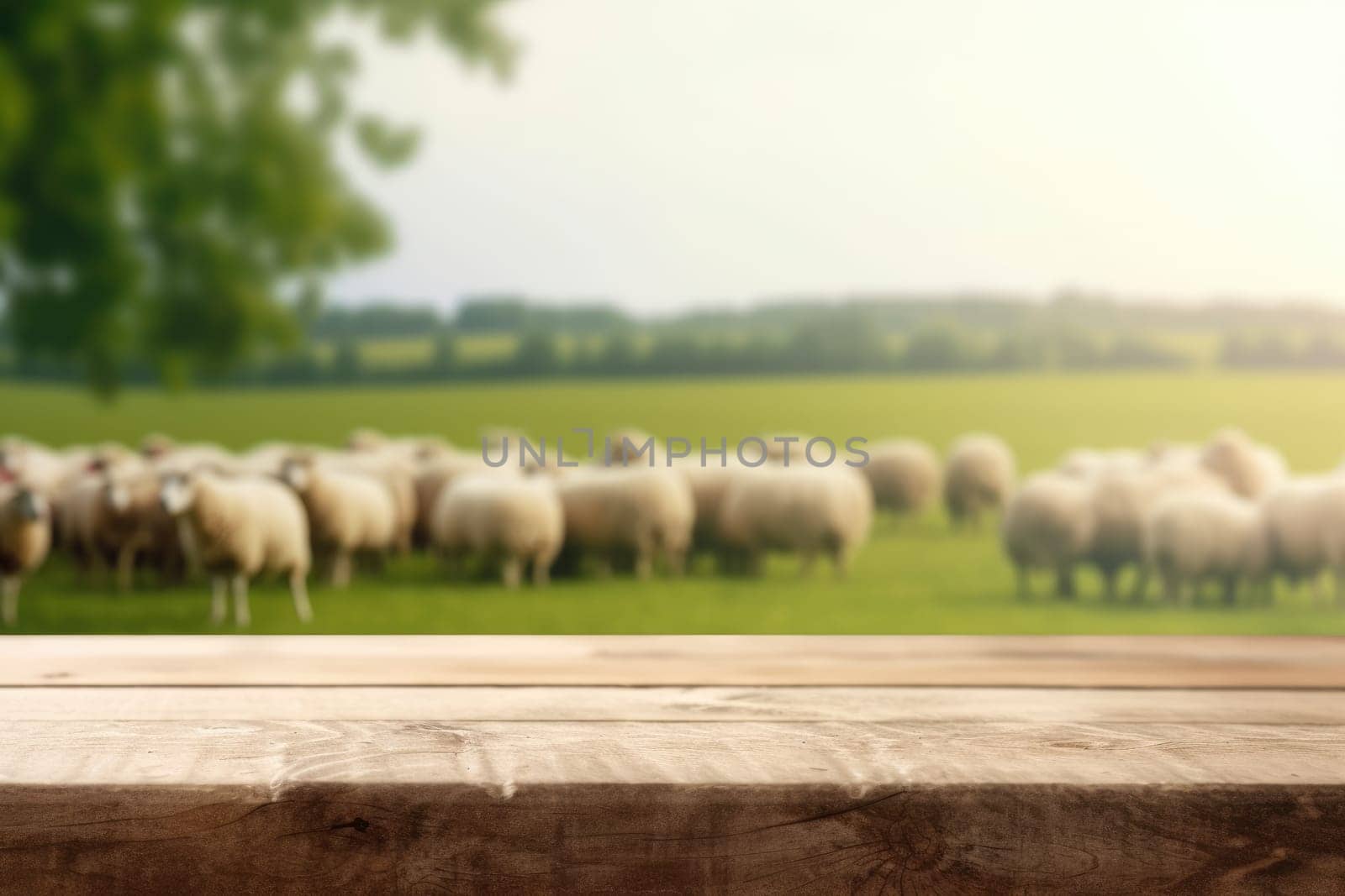 The empty wooden brown table top with blur background of sheep pasture. Exuberant image.