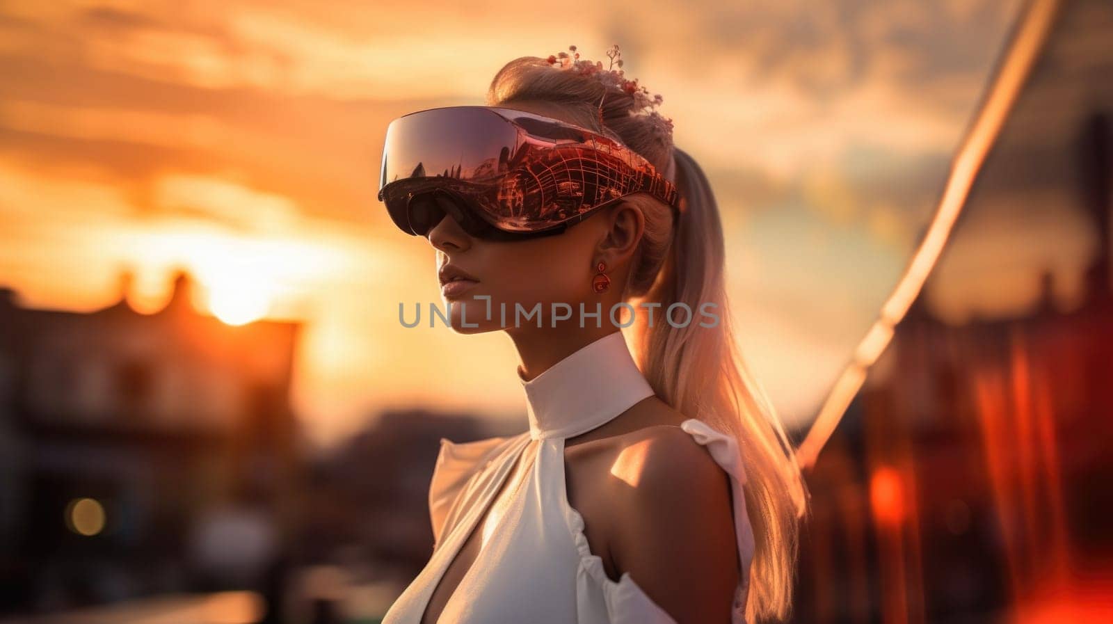 Modeling woman wearing virtual reality with haute couture dress style and shooting fashion in sunset. Generative AI AIG27.