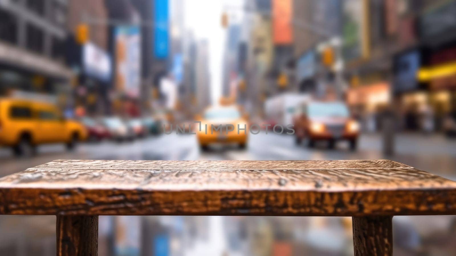 The empty wooden table top with blur background of NYC street. Exuberant image.