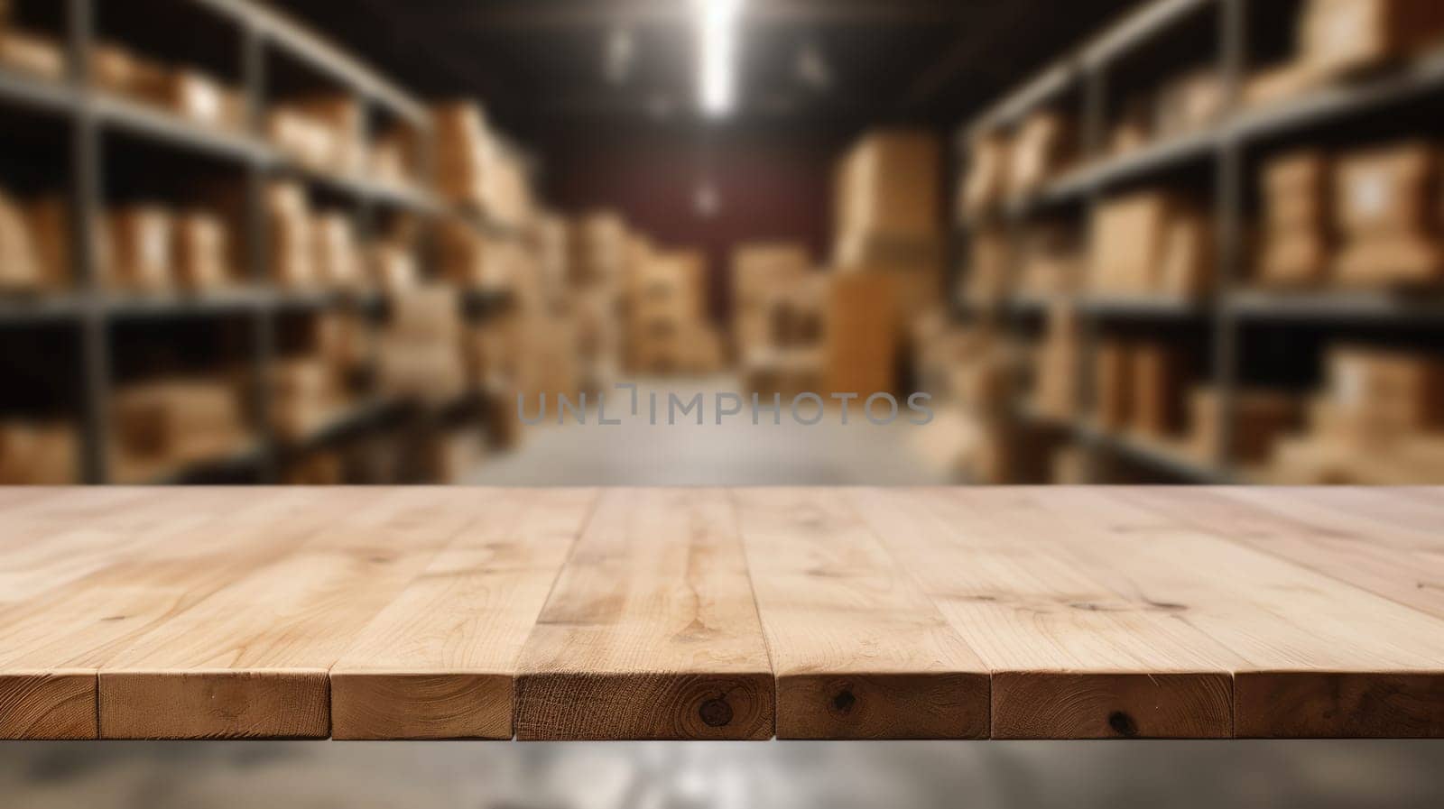 The empty wooden table top with blur background of warehouse storage. Exuberant image.