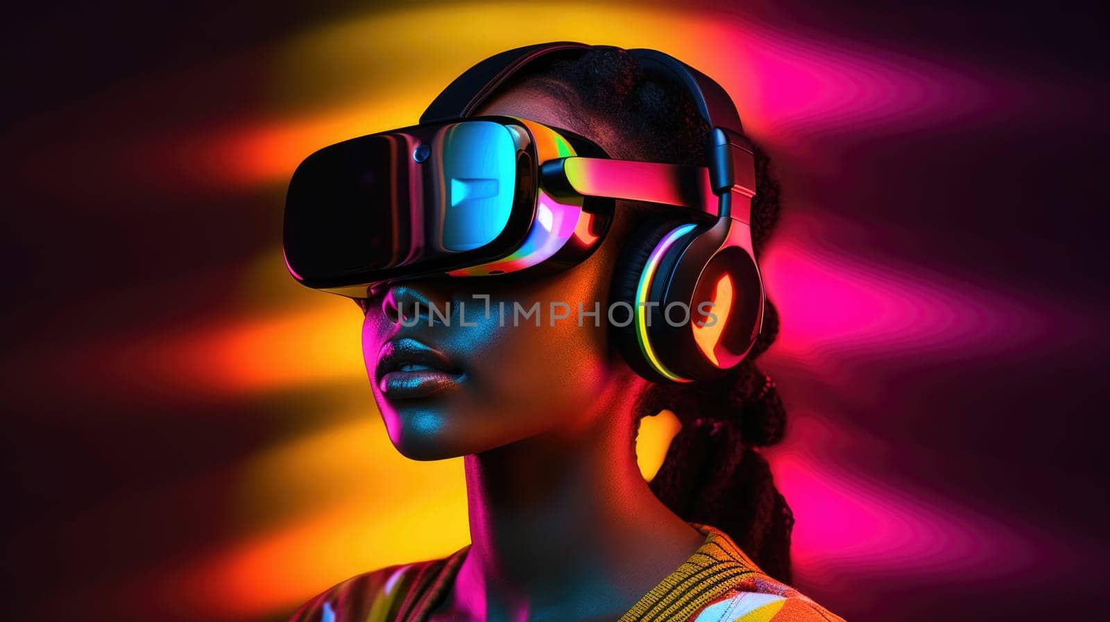Beautiful model with colorful and trendy outfit with glowing purple pink light, colorful dyed hair and fashionable asian glitch core teenager girl wearing VR. Picturesque generative AI
