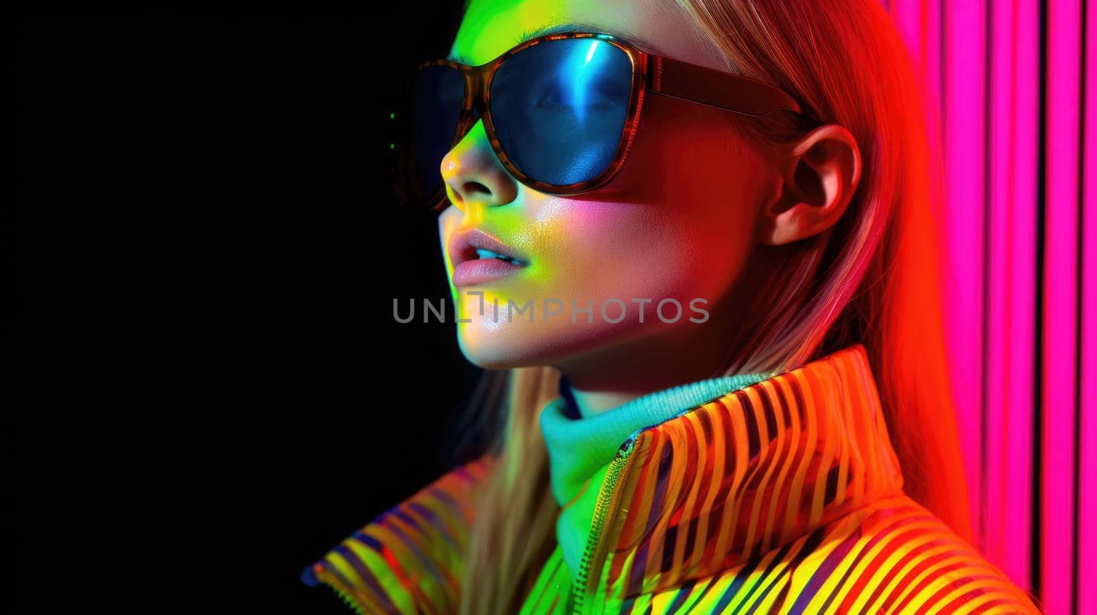 Young female model posing with trendy fashion outfit and colorful glowing vibrant green lime and pink optical art abstract background. Picturesque generative AI