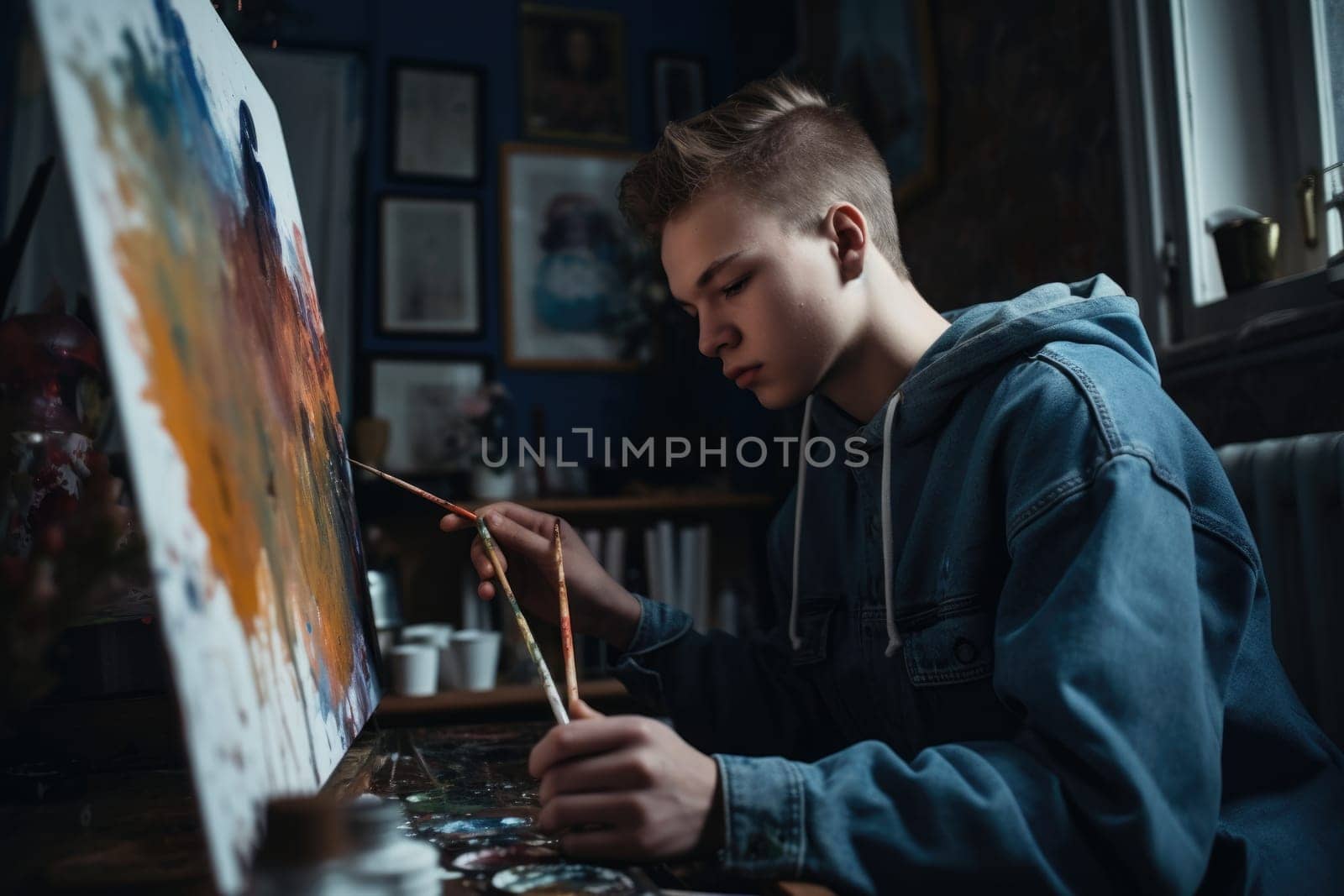 Male Caucasian teenager painting art studio artist apron picture drawing. Generative AI AIG23.