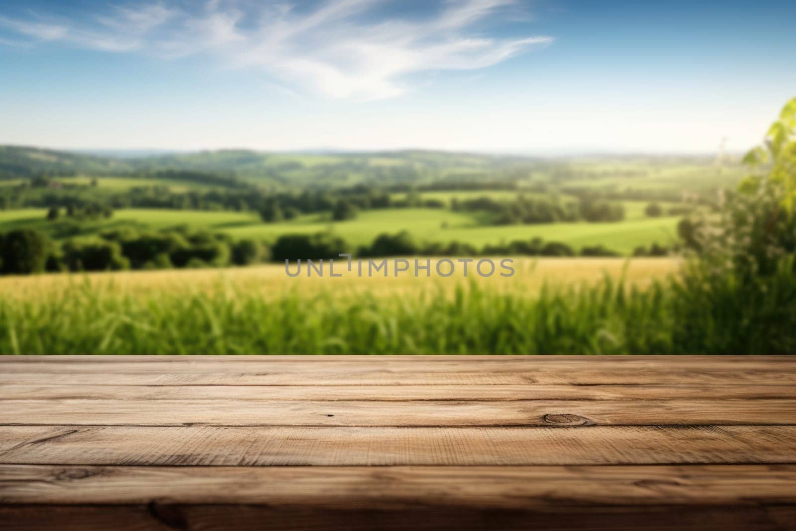 The empty wooden brown table top with blur background of farmland and blue sky. Exuberant image.