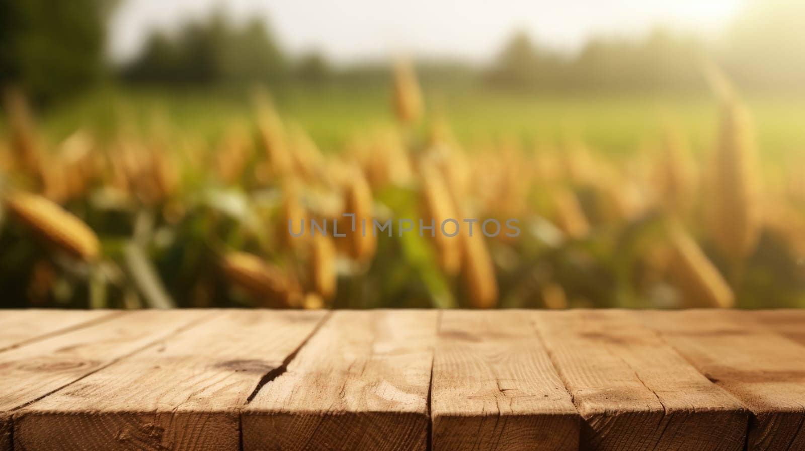 The empty wooden brown table top with blur background of corn field. Exuberant image.