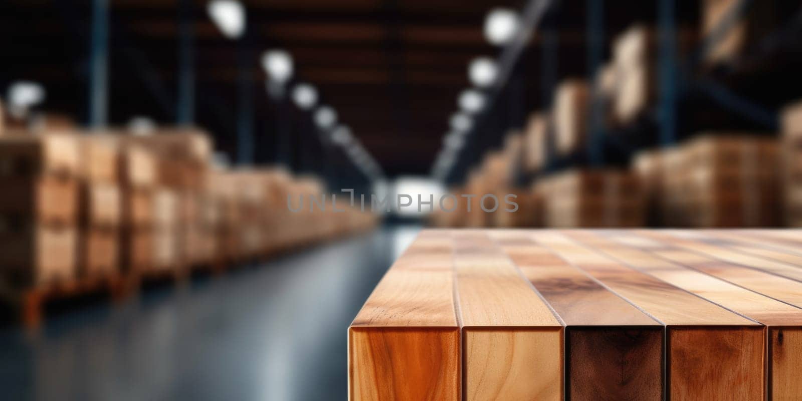 The empty wooden table top with blur background of warehouse storage. Generative AI AIG30. by biancoblue