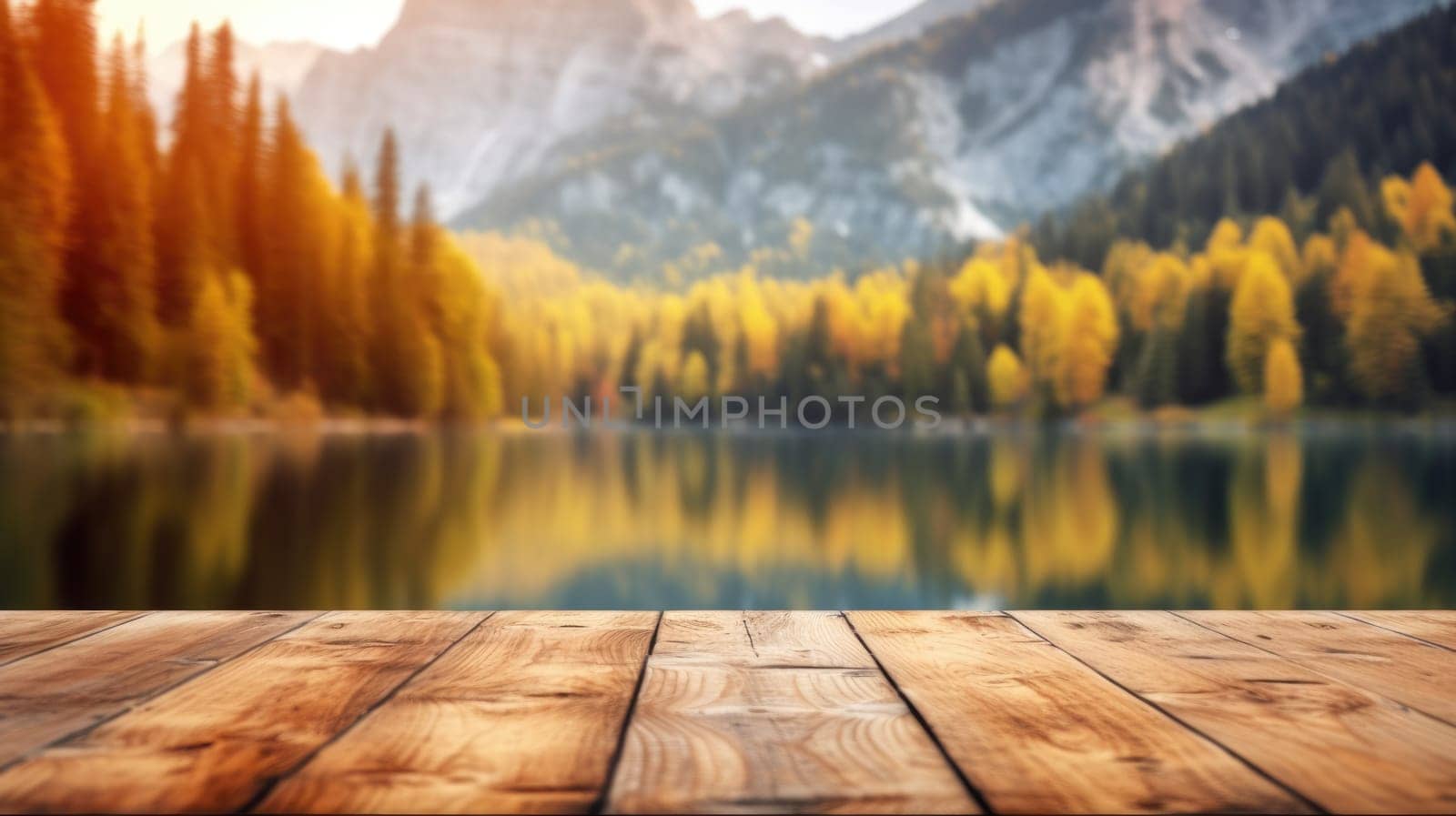 The empty wooden table top with blur background of lake and mountain in autumn. Exuberant. by biancoblue