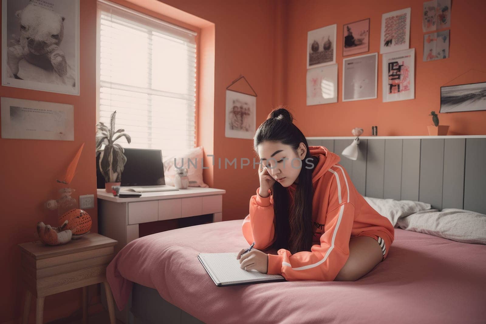 Female Asian teenager doing homework in bedroom studying smart. Generative AI AIG23. by biancoblue