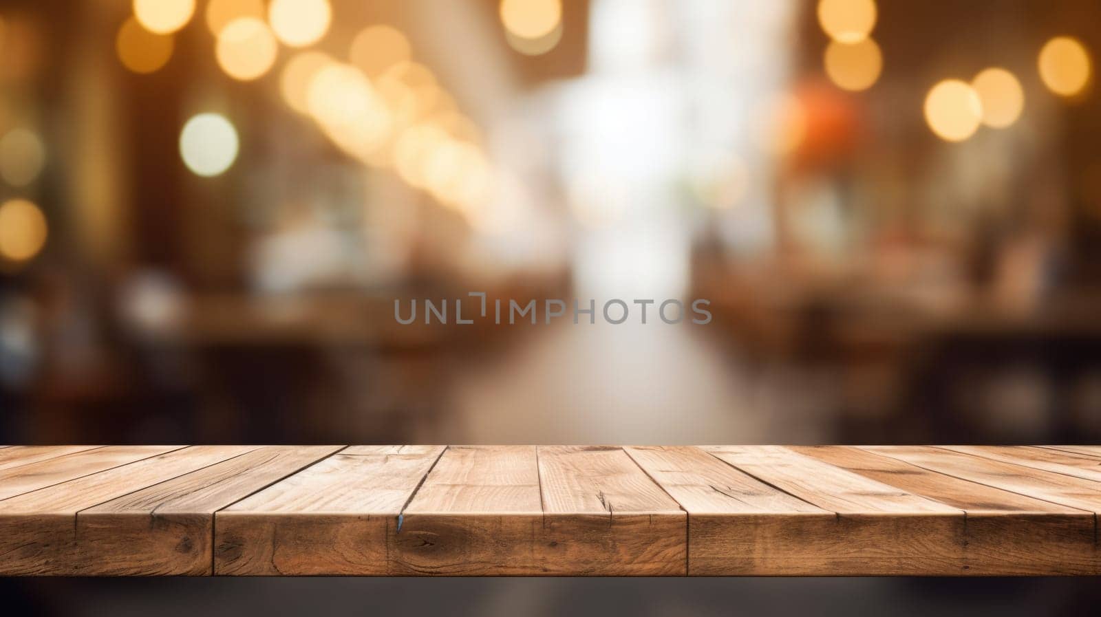The empty wooden table top with blur background of cafe. Exuberant. by biancoblue