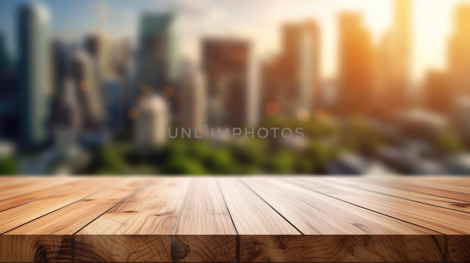 The empty wooden table top with blur background of business district and office building in autumn. Exuberant. by biancoblue