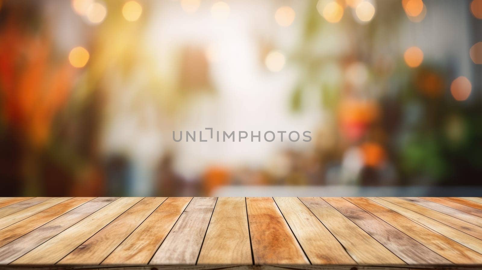 The empty wooden table top with blur background. Exuberant. by biancoblue