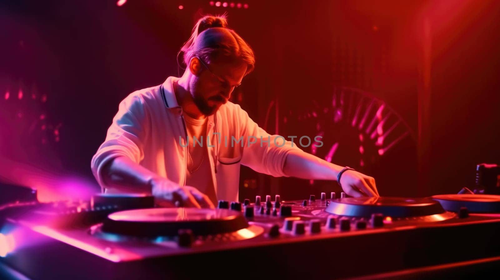 candid an excited DJ young scandinavian man mixing music at turntables with headphones. generative ai AIG32 by biancoblue