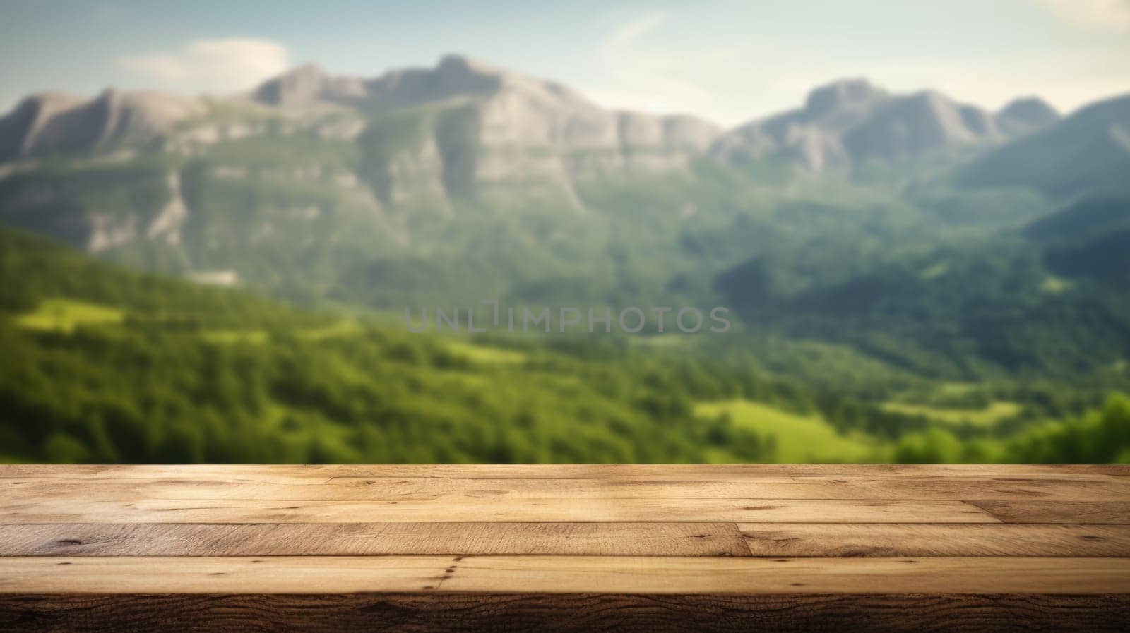 The empty wooden brown table top with blur background of trekking path. Exuberant. by biancoblue