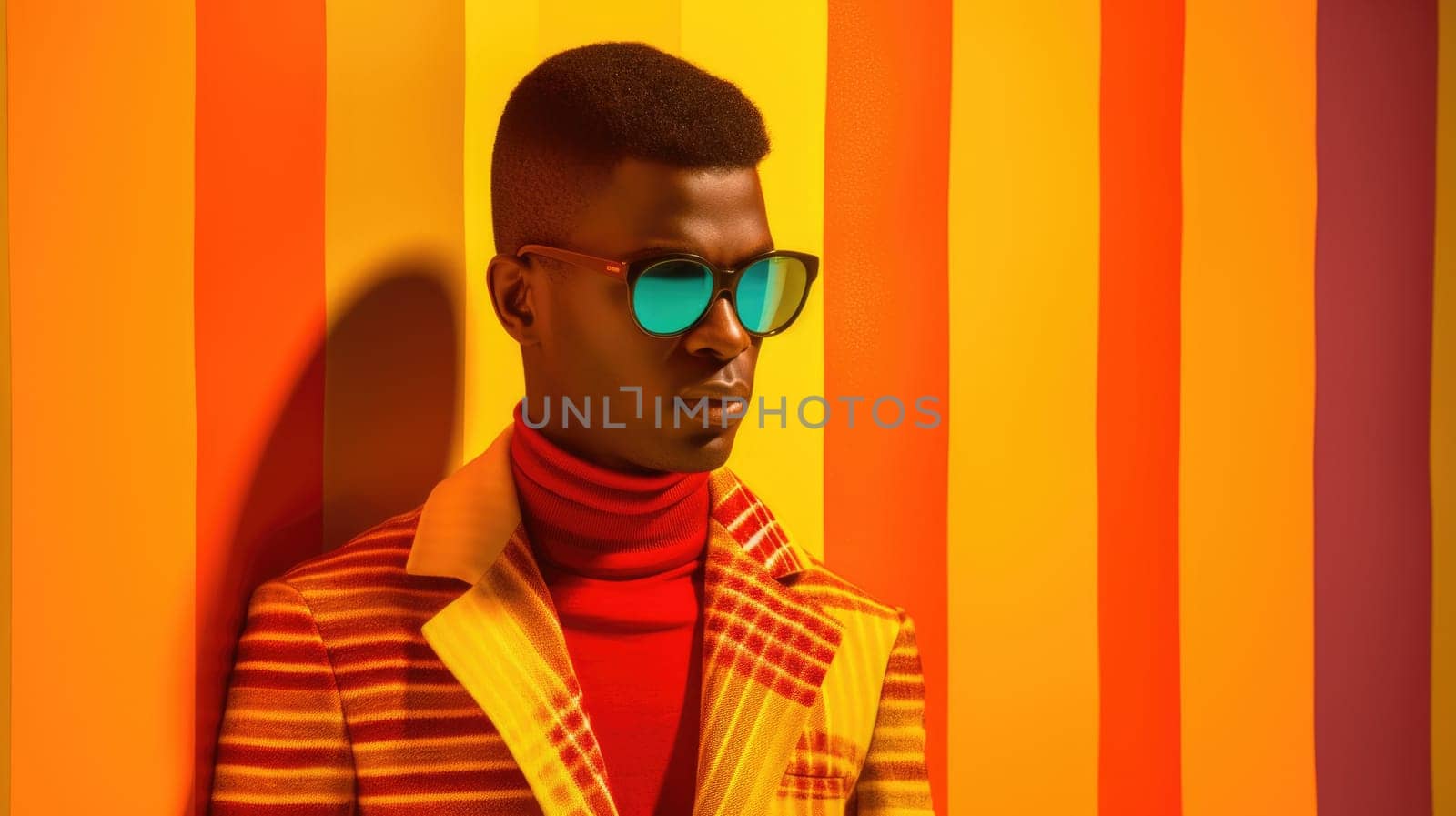 Young male model posing with trendy man fashion outfit and colorful orange optical art abstract background. Picturesque generative AI