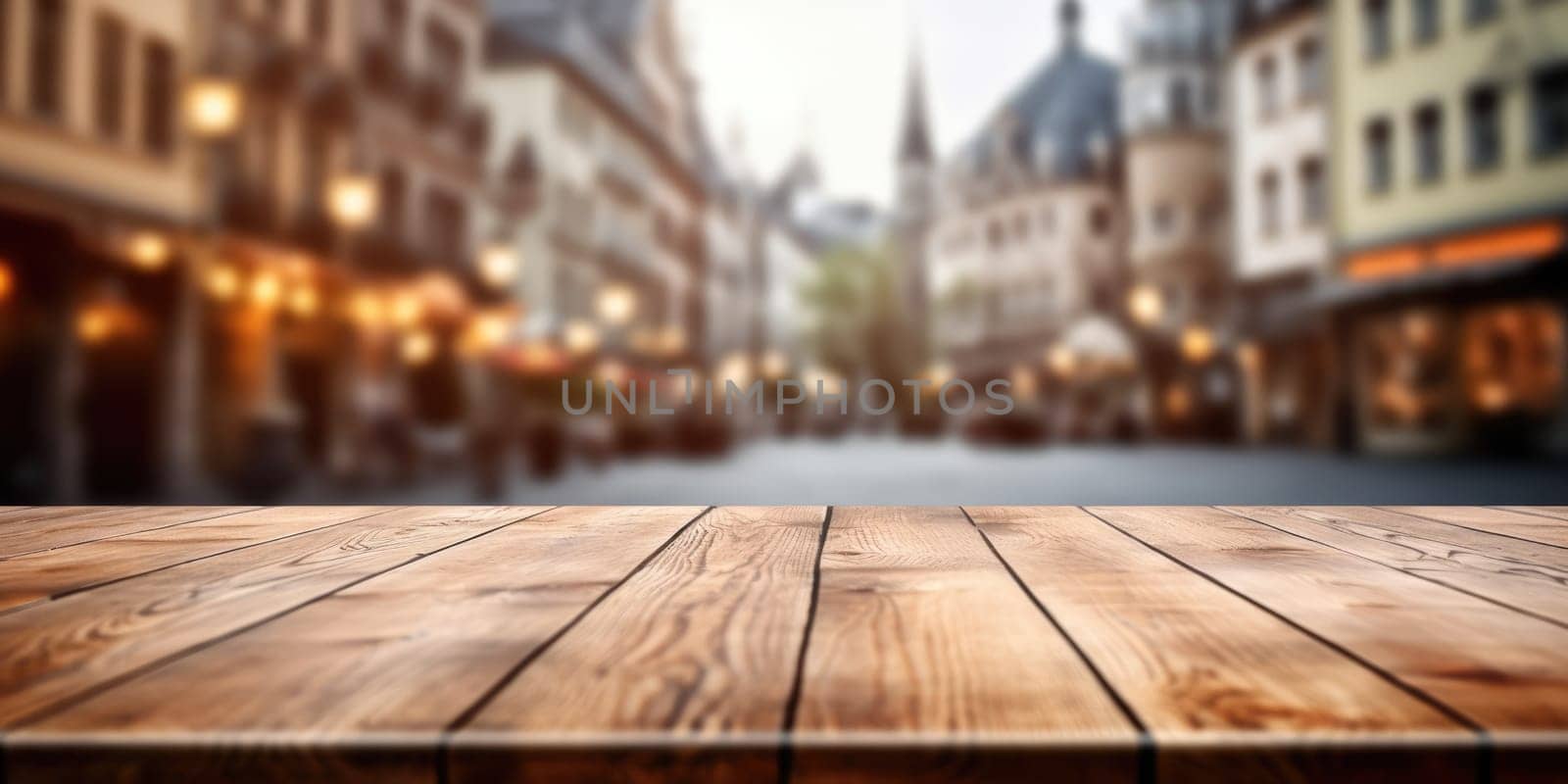 The empty wooden table top with blur background of European street. Exuberant. by biancoblue