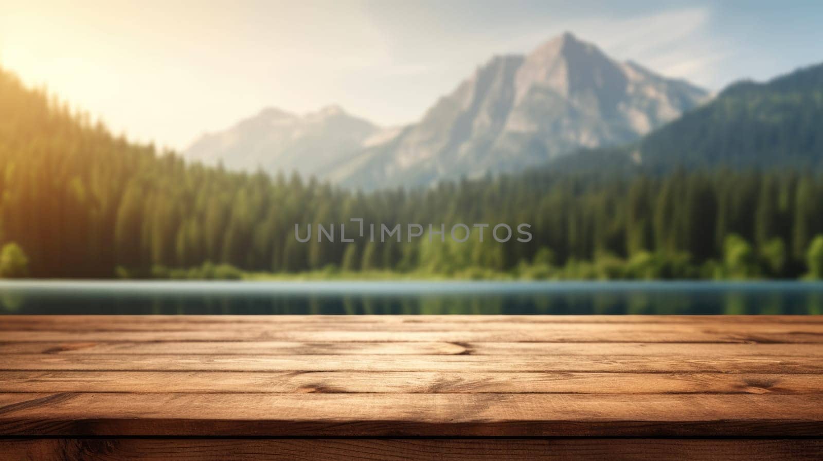 The empty wooden table top with blur background of summer lakes mountain. Exuberant. by biancoblue