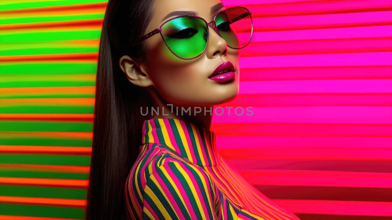Young female model posing with trendy fashion outfit and colorful glowing vibrant green and pink optical art abstract background. Picturesque generative AI