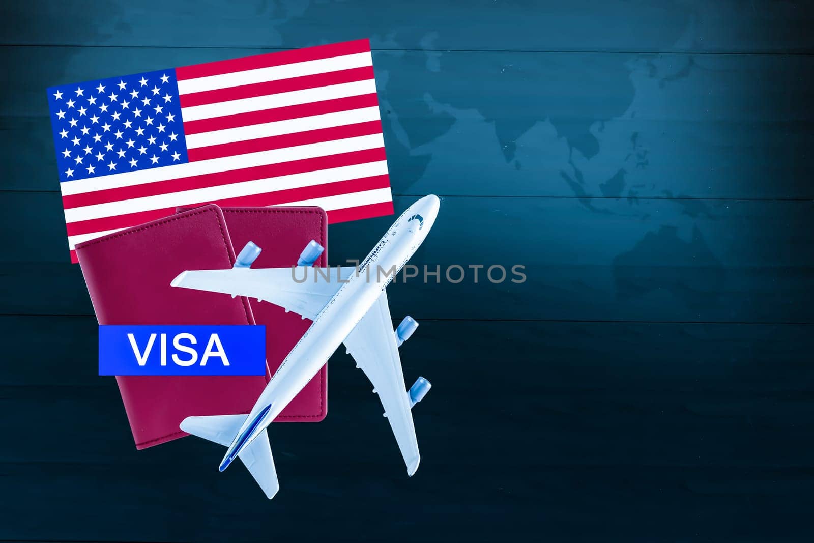 Visa with USA America flag, passport and airplane, trip travel immigration. by pamai