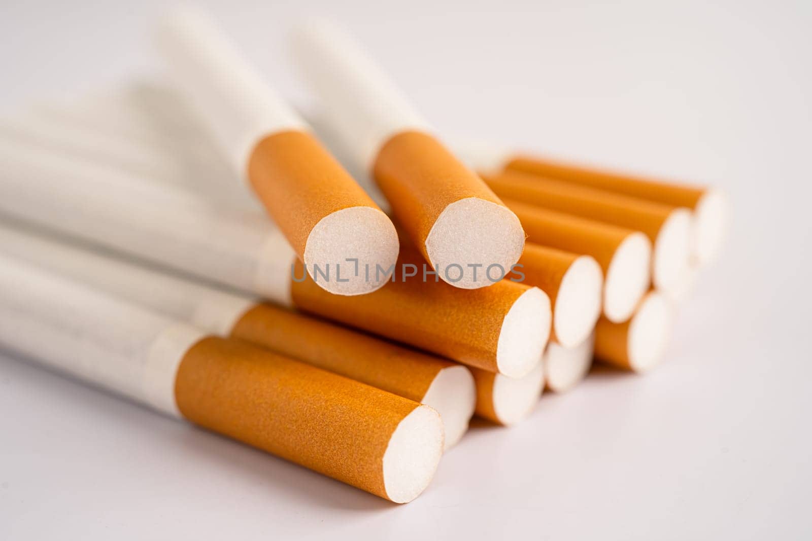 Cigarette, tobacco in roll paper with filter tube, No smoking concept.