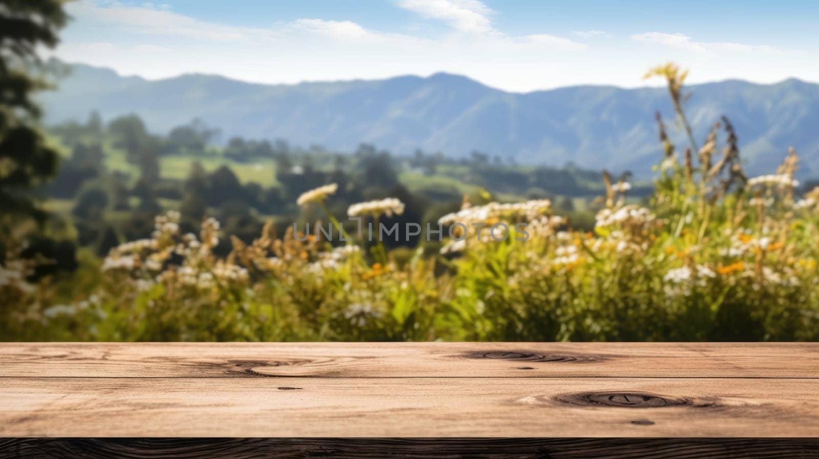 The empty wooden brown table top with blur background of New Zealand nature. Exuberant. by biancoblue
